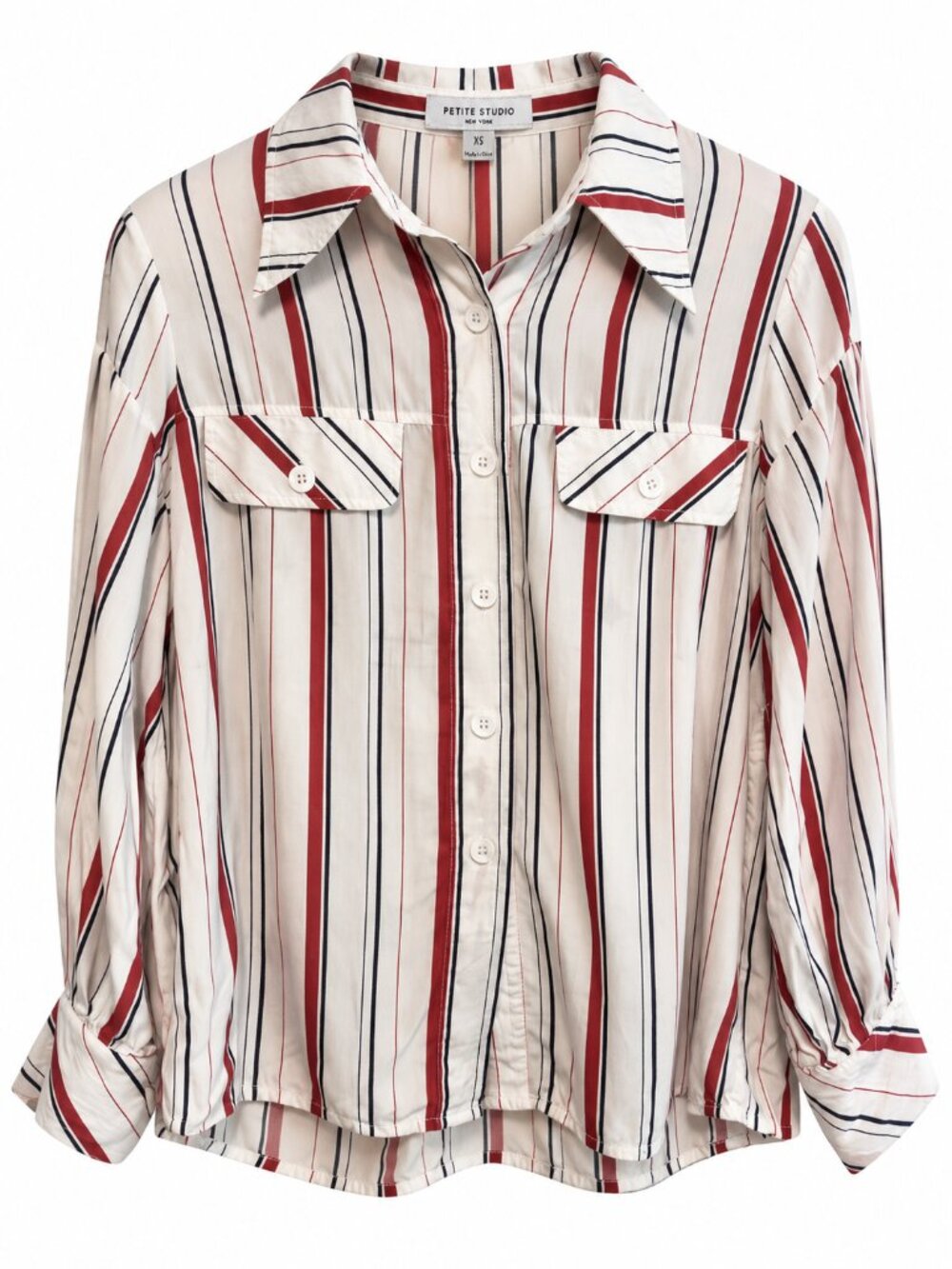 Petite Studio Red White Blue Striped Button Down Shirt